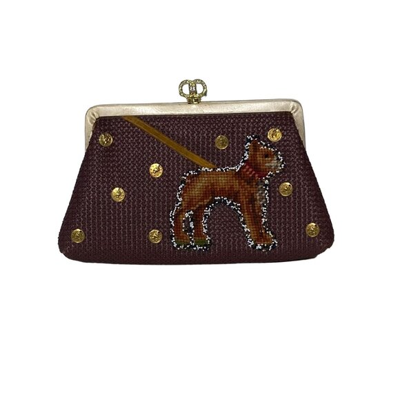 Vintage Jolles Original Needlepoint Brown Purse With Dog Motif & Gold-Tone Clasp - Picture 1 of 16
